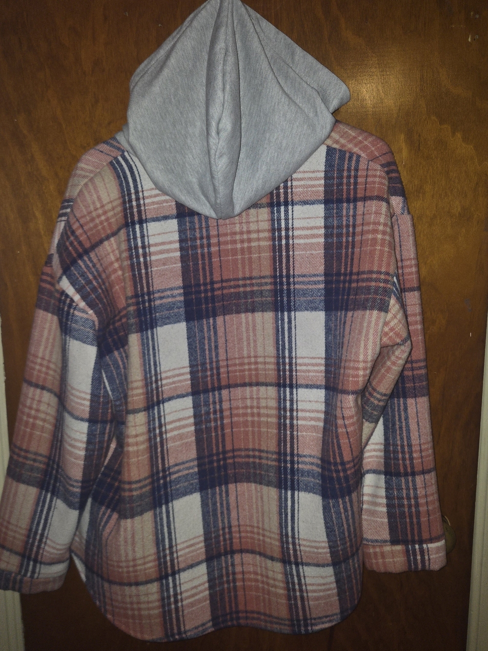 Women’s Plush-Lined Plaid Teddy Jacket with Hood in Pink and Navy - Picture 5 of 5